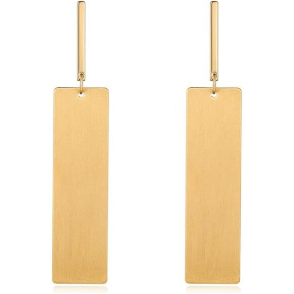 โจ Minimalist Rectangle Drop Earrings | Gold Brass Bar Dangle Earrings - Picture 3 of 4
